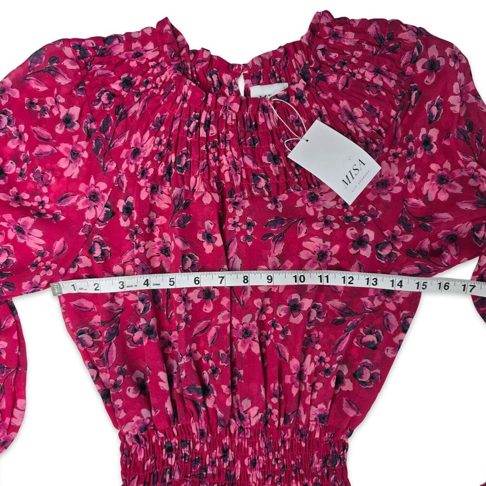 MISA Los Angeles Floral Mini Dress Size XS Pink Long Sleeve Smocked Waist NWT - Picture 3 of 12